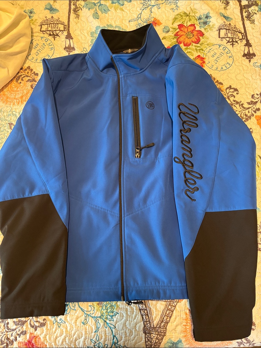 Wrangler Blue and Black Performance Softshell Jacket with Script Sleeve